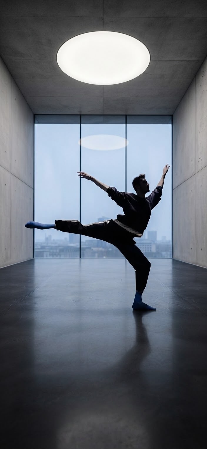 Xavier Abella en équilibre dans un espace architectural lumineux